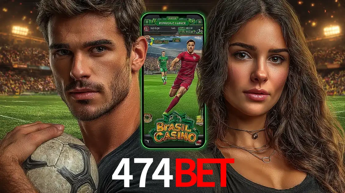 Homem segurando uma bola de futebol e uma mulher ao lado de um smartphone exibindo o jogo de apostas esportivas da 474BET. Faça seu palpite no cassino online.